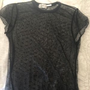 Sheer Polka-Dot Lettuce Leaf Trim Black Top